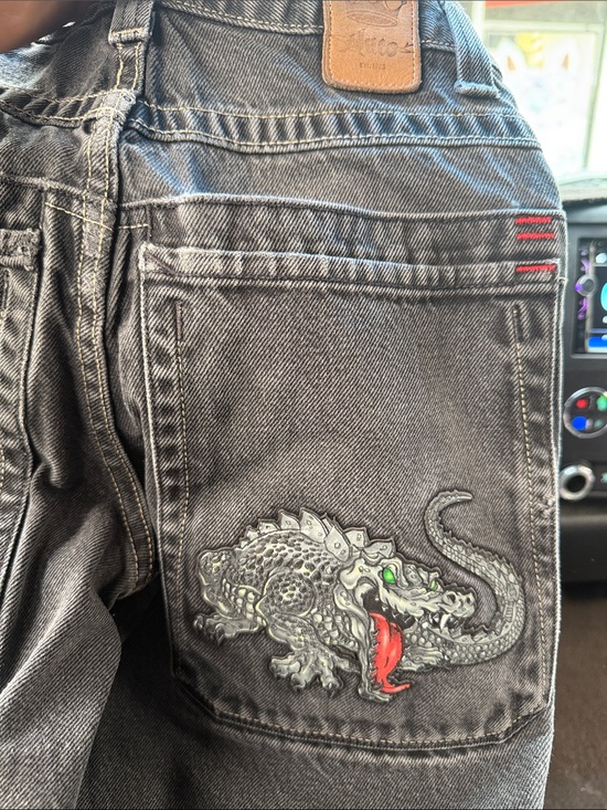 JNCO Other - JNCO Black Wash Jean Shorts with Crocodile Patch and Red Accent